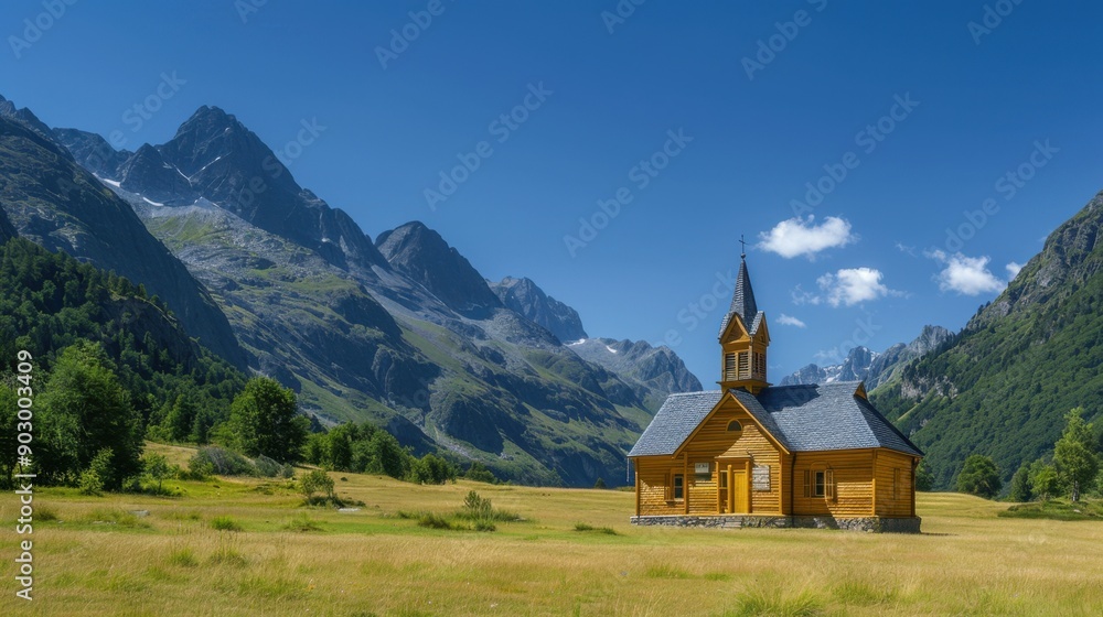 Peaceful chapel nestled in majestic mountains under clear blue skies, a serene and picturesque scene. Peaceful chapel nestled in majestic mountains under clear blue skies, a serene and picturesque scene.