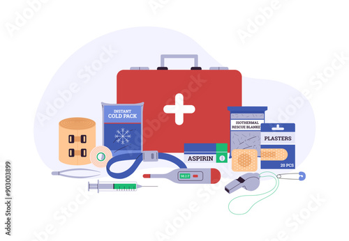 Vector illustration of a first aid kit with medicines. Flat style.