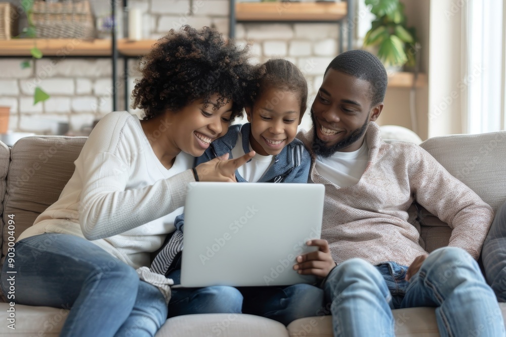 Cheerful family of three using laptop computer, daughter pointing at screen,shopping online while sitting on couch together. Technology and domestic lifestyle, Generative AI Cheerful family of three using laptop computer, daughter pointing at screen,shopping online while sitting on couch together. Technology and domestic lifestyle, Generative AI