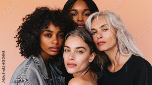 Portrait of three multiracial friends in stylish clothes against a soft light background. Beautiful women posing indoors. Beauty and fashion concept.