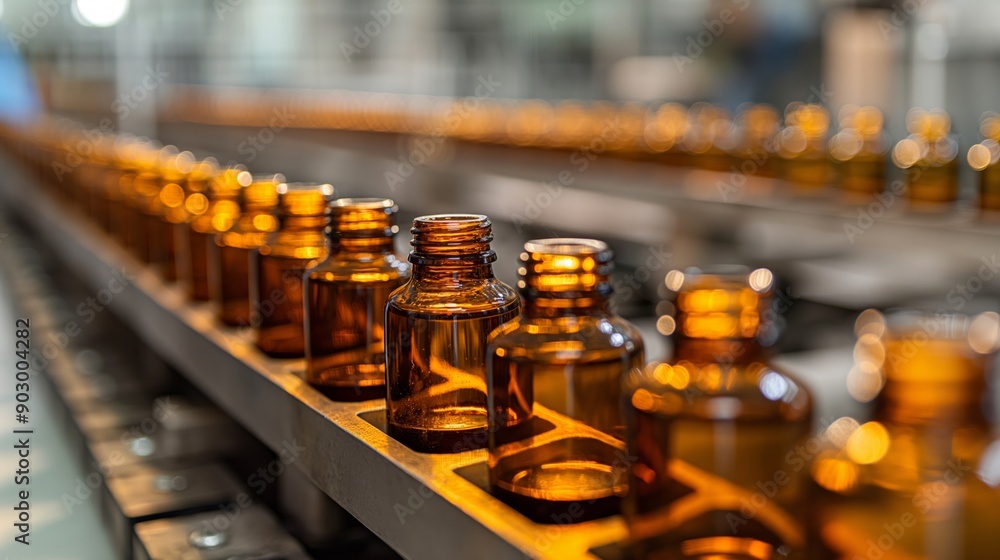 Rows of amber glass bottles on an industrial production line in a factory setting. Rows of amber glass bottles on an industrial production line in a factory setting.