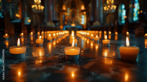 traditional ceremony in a church or spiritual space with candles being lit as part of a ritual, capturing the solemn and sacred nature of the event.