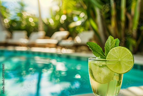 Refreshing Cocktail with Lime and Mint by the Pool