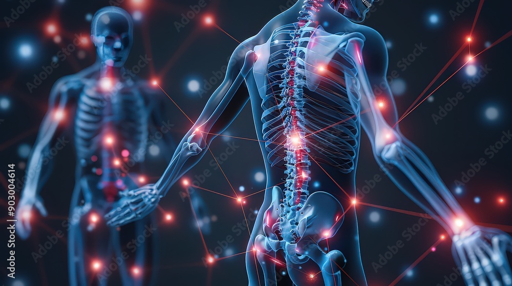 futuristic, digital illustration of the human skeletal system with interconnected glowing points, representing neural or bioelectric connections, set against a dark background. futuristic, digital illustration of the human skeletal system with interconnected glowing points, representing neural or bioelectric connections, set against a dark background.