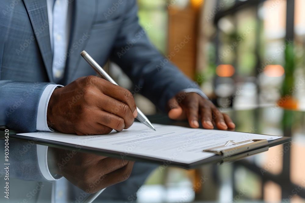 Close-up of a Businessperson Signing a Contract: A hand, holding a silver pen, signs a legal document with purpose and focus, emphasizing the importance of contracts and agreements in business Close-up of a Businessperson Signing a Contract: A hand, holding a silver pen, signs a legal document with purpose and focus, emphasizing the importance of contracts and agreements in business