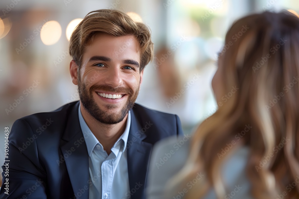 The Engaging Charm of Business: A young professional radiates charisma and confidence, captivating his colleague during a business meeting at a modern cafe. The Engaging Charm of Business: A young professional radiates charisma and confidence, captivating his colleague during a business meeting at a modern cafe.