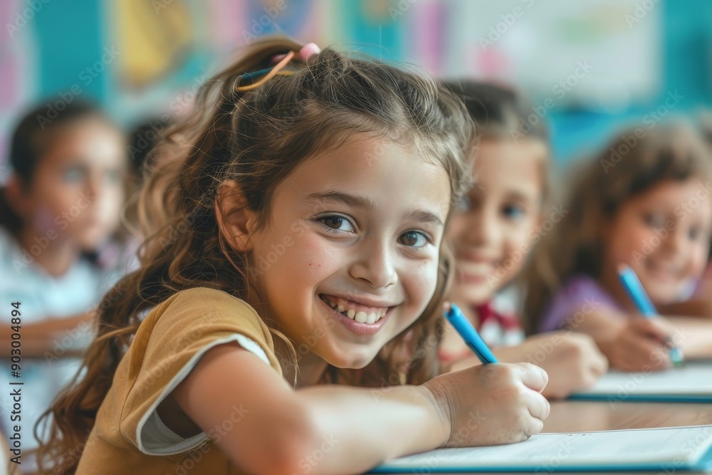 School children sit at desks, writing in copybooks, one girl glances at her friend's test and smiling, studying at school, Generative AI School children sit at desks, writing in copybooks, one girl glances at her friend's test and smiling, studying at school, Generative AI