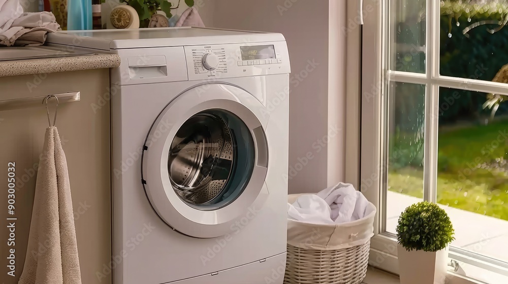A bright laundry area showcases a white washing machine beside a woven basket filled with laundry and a large indoor plant in a decorative pot A bright laundry area showcases a white washing machine beside a woven basket filled with laundry and a large indoor plant in a decorative pot