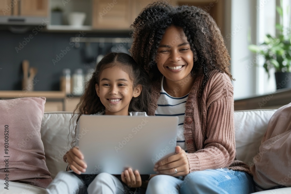 Family digital leisure. Cheerful latin mother and daughter using laptop engaging in fun online activities, surfing internet or video calling sitting on sofa at home, free, Generative AI Family digital leisure. Cheerful latin mother and daughter using laptop engaging in fun online activities, surfing internet or video calling sitting on sofa at home, free, Generative AI