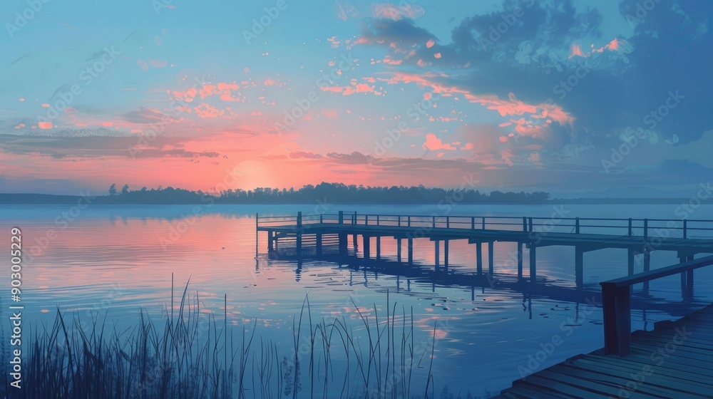 Obraz premium Sunset view of a fishing pier extending into a still lake, with the sky painted in shades of dusk.