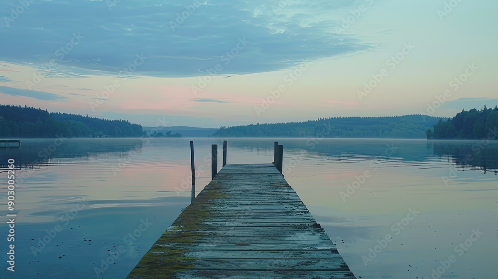 Fototapeta premium Sunset view of a fishing pier extending into a still lake, with the sky painted in shades of dusk.