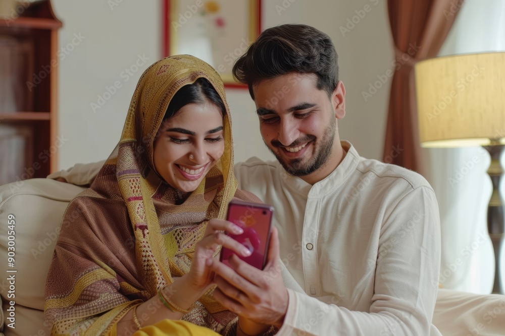 Happy young indian couple using smartphone, wife pointing at cellphone ...