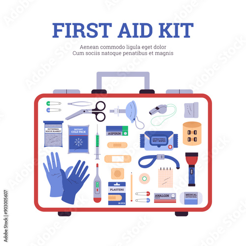 Vector illustration of a first-aid kit containing basic necessities for emergency cases