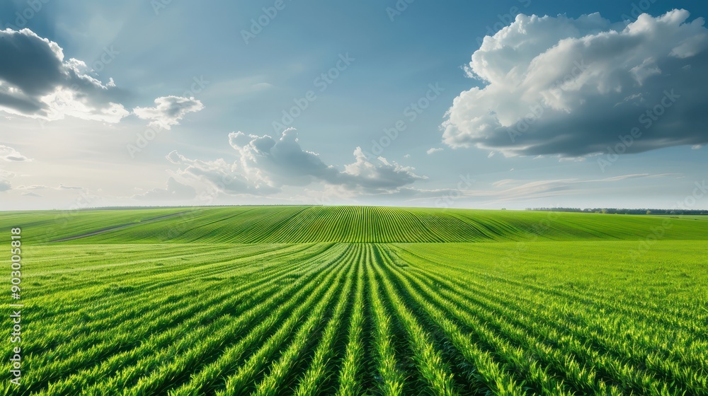 A large field of green grass with a few clouds in the sky A large field of green grass with a few clouds in the sky