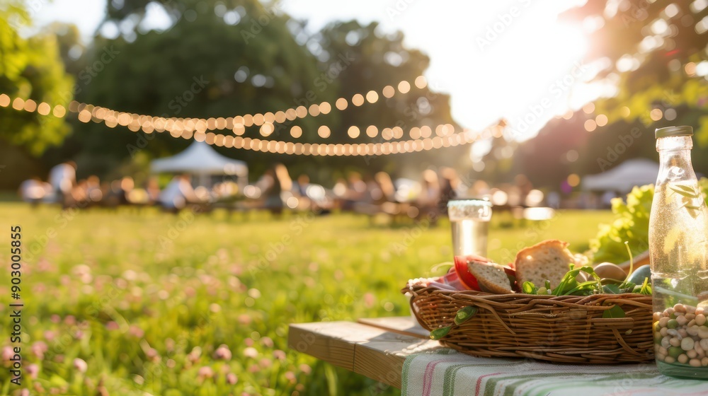 A picnic table with a basket of food and a bottle of water. The basket contains sandwiches, lettuce, and other vegetables. The table is surrounded by a field of flowers A picnic table with a basket of food and a bottle of water. The basket contains sandwiches, lettuce, and other vegetables. The table is surrounded by a field of flowers