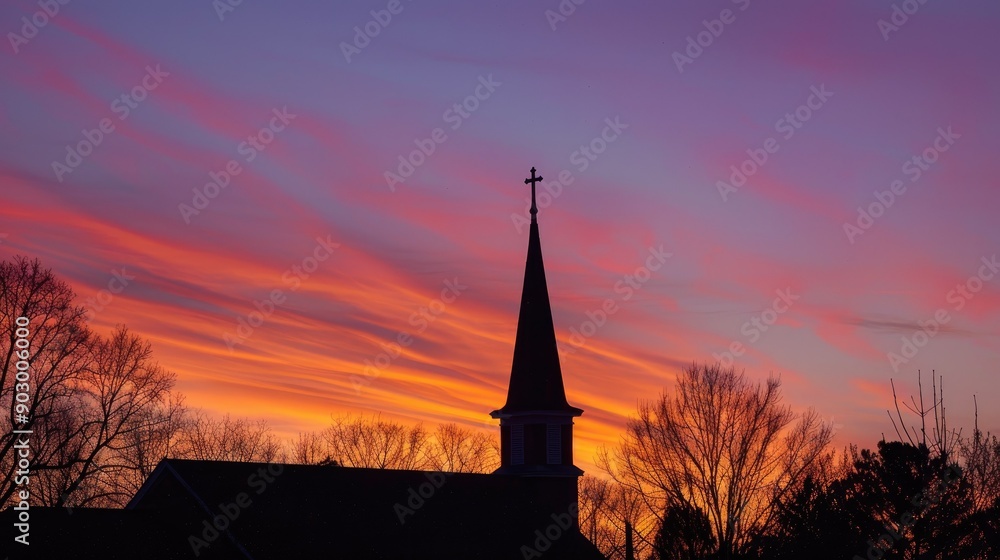 Obraz premium Sunset view with the silhouette of a church steeple, framed by a beautifully colored evening sky.