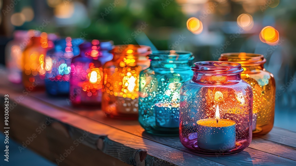 creative setup of candles placed inside decorative glass jars, with each jar uniquely decorated and lit to create a colorful and comforting display. creative setup of candles placed inside decorative glass jars, with each jar uniquely decorated and lit to create a colorful and comforting display.