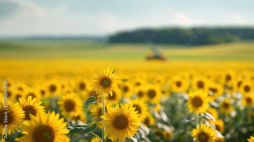 Obraz premium A field of yellow sunflowers with a few lone flowers in the foreground. The sunflowers are in full bloom and the field is vast