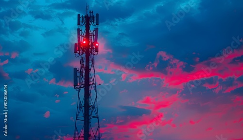 Telecommunication tower with red lights against the sky at dusk, tele keeper tower. Web banner showing an evening sky with hues of pink and blue, 