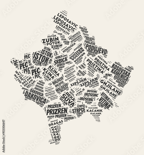 Kosovo Word Cloud. Country with regions division. Kosovo typographic text clouds vector image design. Vintage gazette style country shape image. Creative vector illustration.