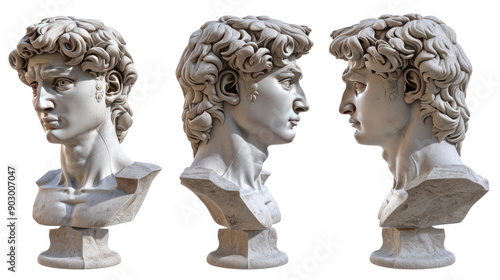 3D Rendering of Michelangelo's David Head in Five Perspectives, Isolated on a White Background