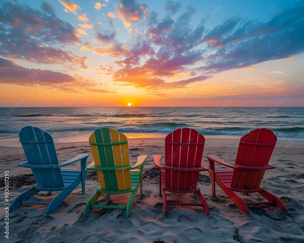 Colorful Beach Chairs at Sunset with Vibrant Sky and Ocean Landscape Colorful Beach Chairs at Sunset with Vibrant Sky and Ocean Landscape