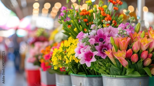 Wallpaper Mural A row of colorful flowers in metal buckets are displayed at a market. The flowers are arranged in a way that creates a sense of abundance and freshness. The bright colors of the flowers Torontodigital.ca