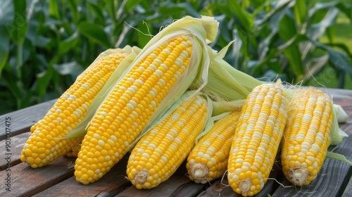 A bunch of yellow corn on a wooden table. The corn is yellow and white with a few brown spots