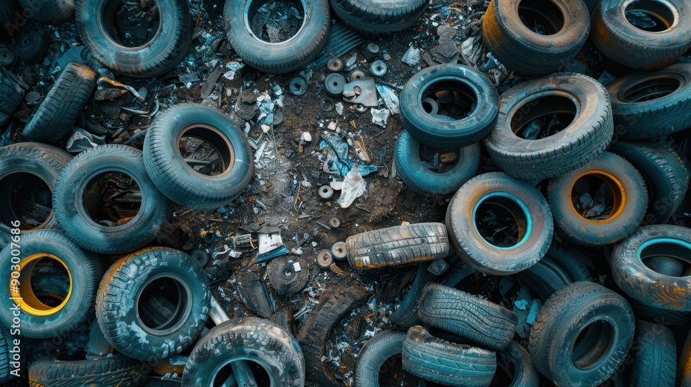 Aerial view of a junkyard filled with discarded tires, emphasizing recycling efforts and environmental impact. Aerial view of a junkyard filled with discarded tires, emphasizing recycling efforts and environmental impact.
