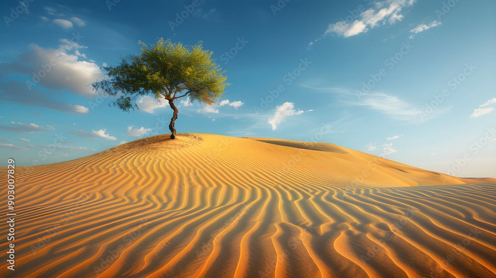Naklejka premium Timeless Desert Landscape: The Eternal Beauty of Nature's Endurance Unfolds in the Infinite Sands and Resilient Tree
