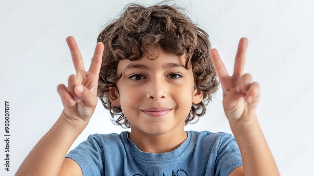 Close-up of a child making a peace sign with both hands, participating in a peace-themed activity isolated white background Close-up of a child making a peace sign with both hands, participating in a peace-themed activity isolated white background