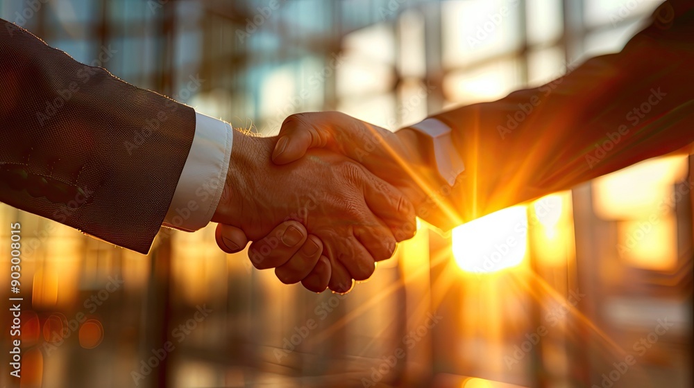 Workplace handshake with the early morning sun, highlighting the start of a fruitful business relationship Workplace handshake with the early morning sun, highlighting the start of a fruitful business relationship