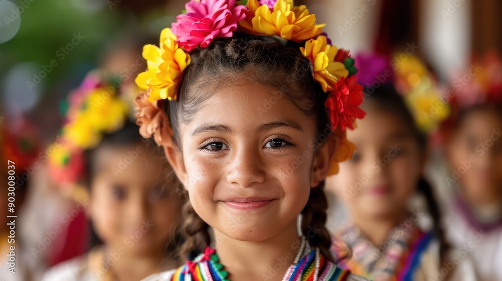 A group of young girls wearing colorful flower headdresses and smiling. Scene is joyful and celebratory A group of young girls wearing colorful flower headdresses and smiling. Scene is joyful and celebratory