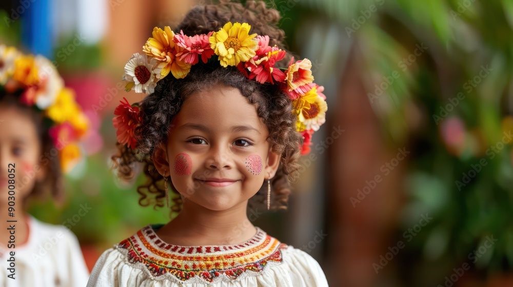 A young girl wearing a flower headdress and a white dress. She is smiling and looking at the camera A young girl wearing a flower headdress and a white dress. She is smiling and looking at the camera