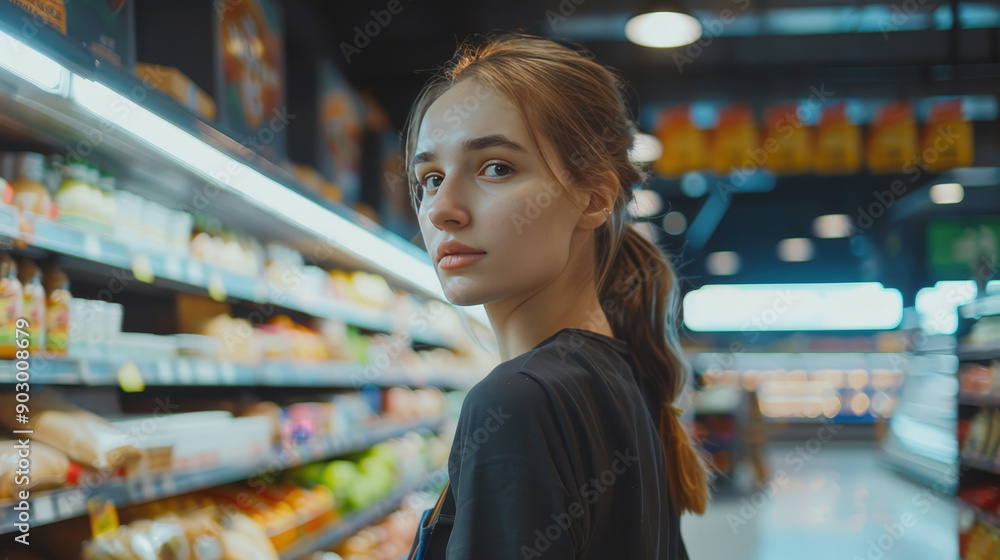Young woman shopping in grocery store aisle Young woman shopping in grocery store aisle