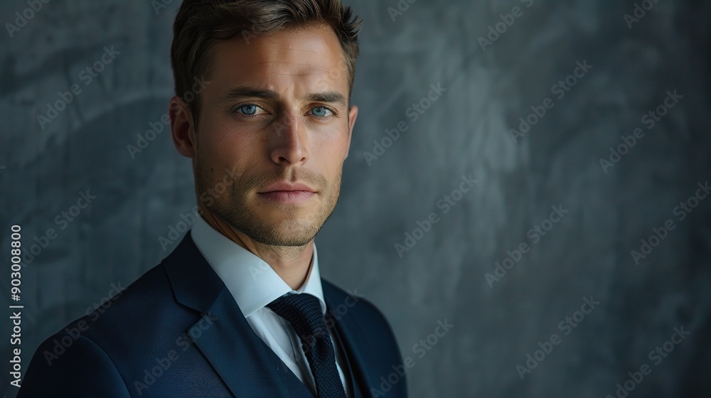 Confident and Composed: A handsome man in a sharp suit and tie gazes directly at the camera with a confident and composed expression. Confident and Composed: A handsome man in a sharp suit and tie gazes directly at the camera with a confident and composed expression.