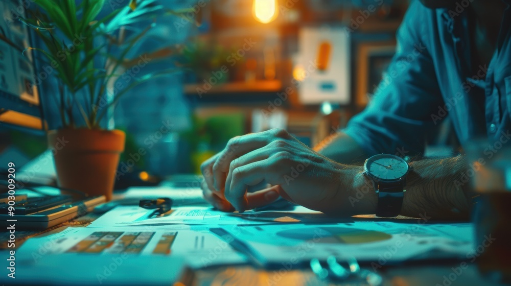 Close-up of a businessman working late, analyzing financial documents at a desk with a warm, focused environment.