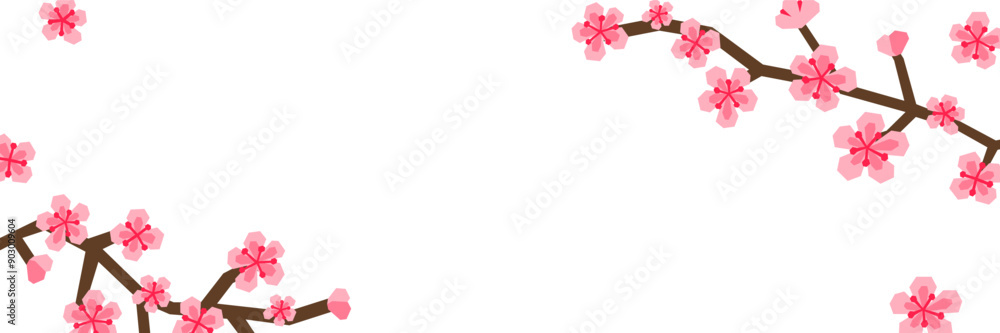 Horizontal white background with paper craft stylized blooming sakura branches, flowers and empty space. Seasonal Japanese backdrop. Horizontal white background with paper craft stylized blooming sakura branches, flowers and empty space. Seasonal Japanese backdrop.