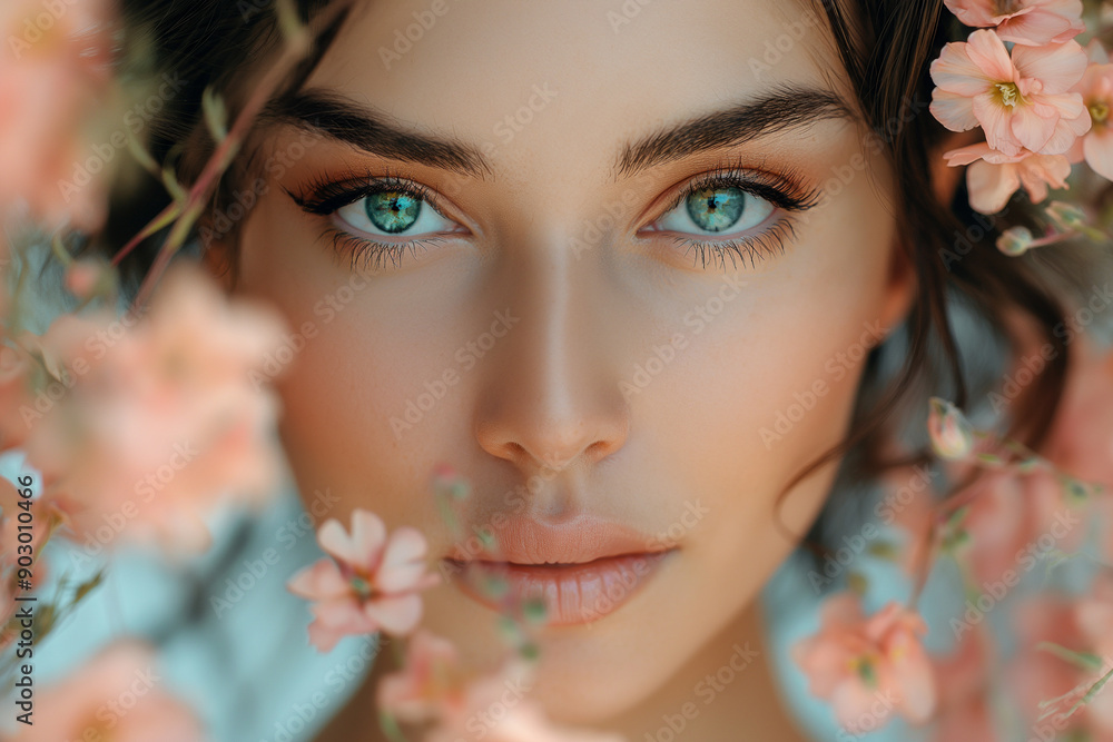 Woman's Face Elegantly Framed by Fresh Flowers Woman's Face Elegantly Framed by Fresh Flowers