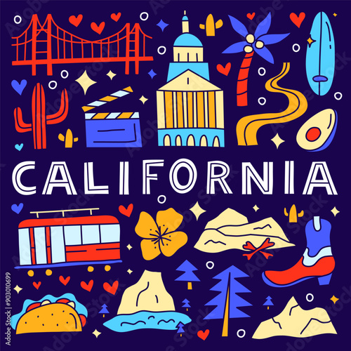 California national landmarks and attractions in doodle style isolated on dark background. American tourism concept. Welcome poster.
