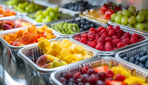 Colorful fresh fruits in silver plastic containers arranged on top of each other at the fruit bar area, in the style of commercial photography.