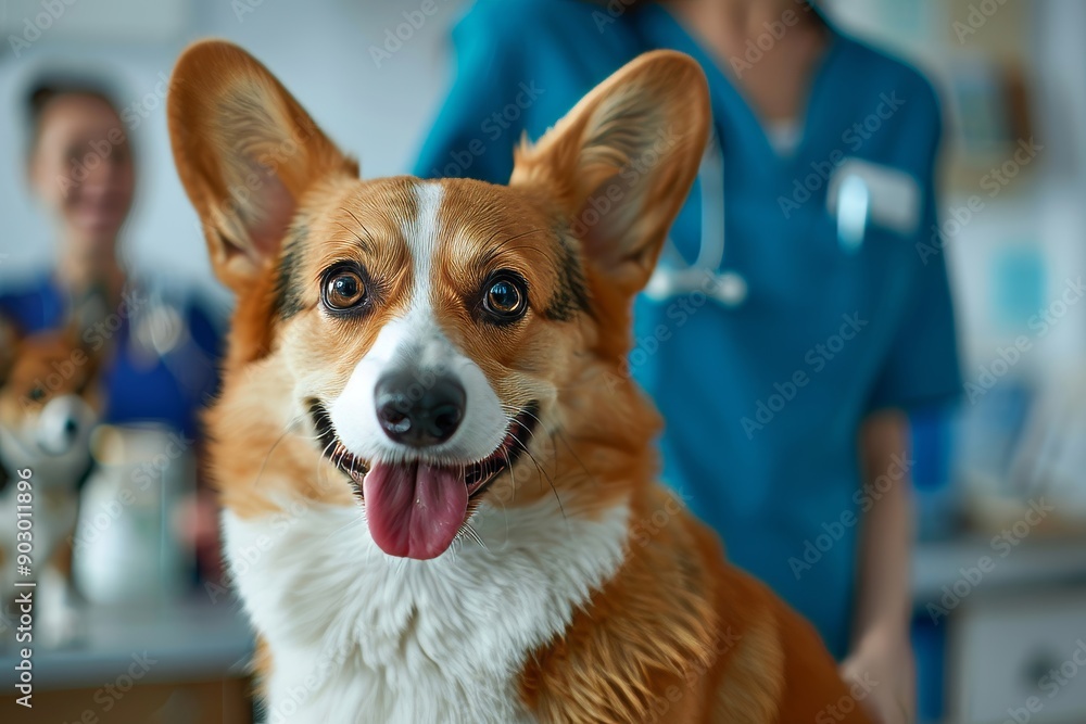Cute pembroke welsh corgi dog sitting at vet hospital with friendly doctors looking smiling at camera, working in clinic, free space, Generative AI Cute pembroke welsh corgi dog sitting at vet hospital with friendly doctors looking smiling at camera, working in clinic, free space, Generative AI