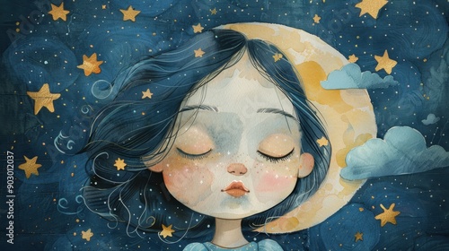 Good night, sweet dreams illustration featuring a girl with stars and the moon, a whimsical watercolor painting.