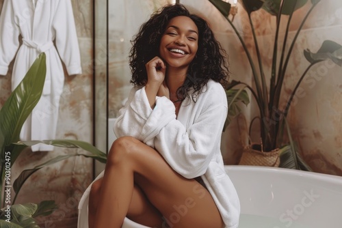 Wallpaper Mural Body care cosmetics. Happy black woman applying moisturizer cream on legs, wearing white bathrobe, sitting on bathtub in bathroom and smiling, Generative AI Torontodigital.ca