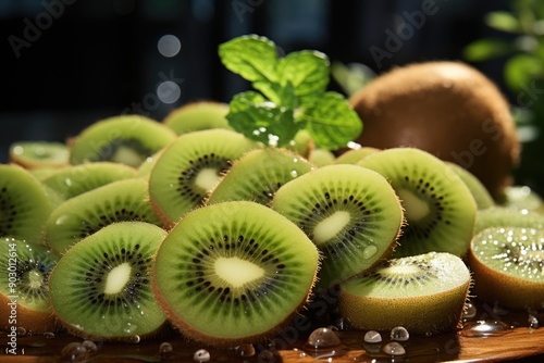 Maduro green kiwi cut into pieces during the preparation of sliced ??kiwis desse, generative IA photo