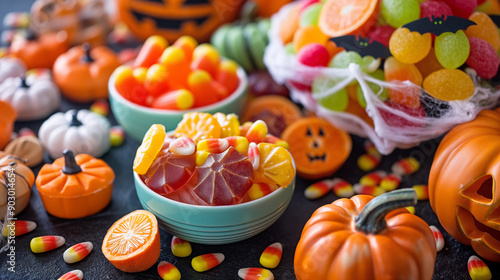 A Variety of Colorful and Tasty Sweets for a Halloween Party, Festive Treats and Candy Selection