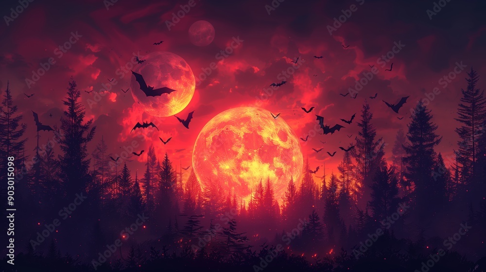 Ethereal Twilight Landscape Featuring Two Full Moons and Bats Flying Over Dense Forest Ethereal Twilight Landscape Featuring Two Full Moons and Bats Flying Over Dense Forest