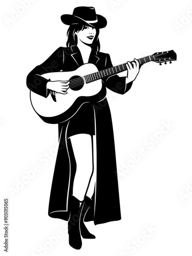 Acoustic Guitarist Girl in Cloak and Cowboy Hat. Black and white vector clipart isolated on white.