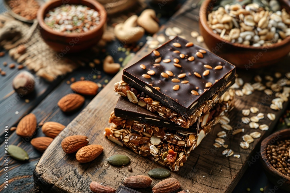 Healthy Muesli bars with nuts,seeds and black chocolate on wooden table Healthy Muesli bars with nuts,seeds and black chocolate on wooden table