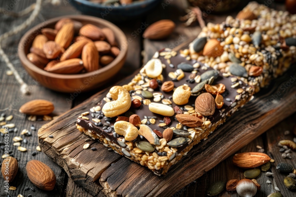Healthy Muesli bars with nuts,seeds and black chocolate on wooden table Healthy Muesli bars with nuts,seeds and black chocolate on wooden table